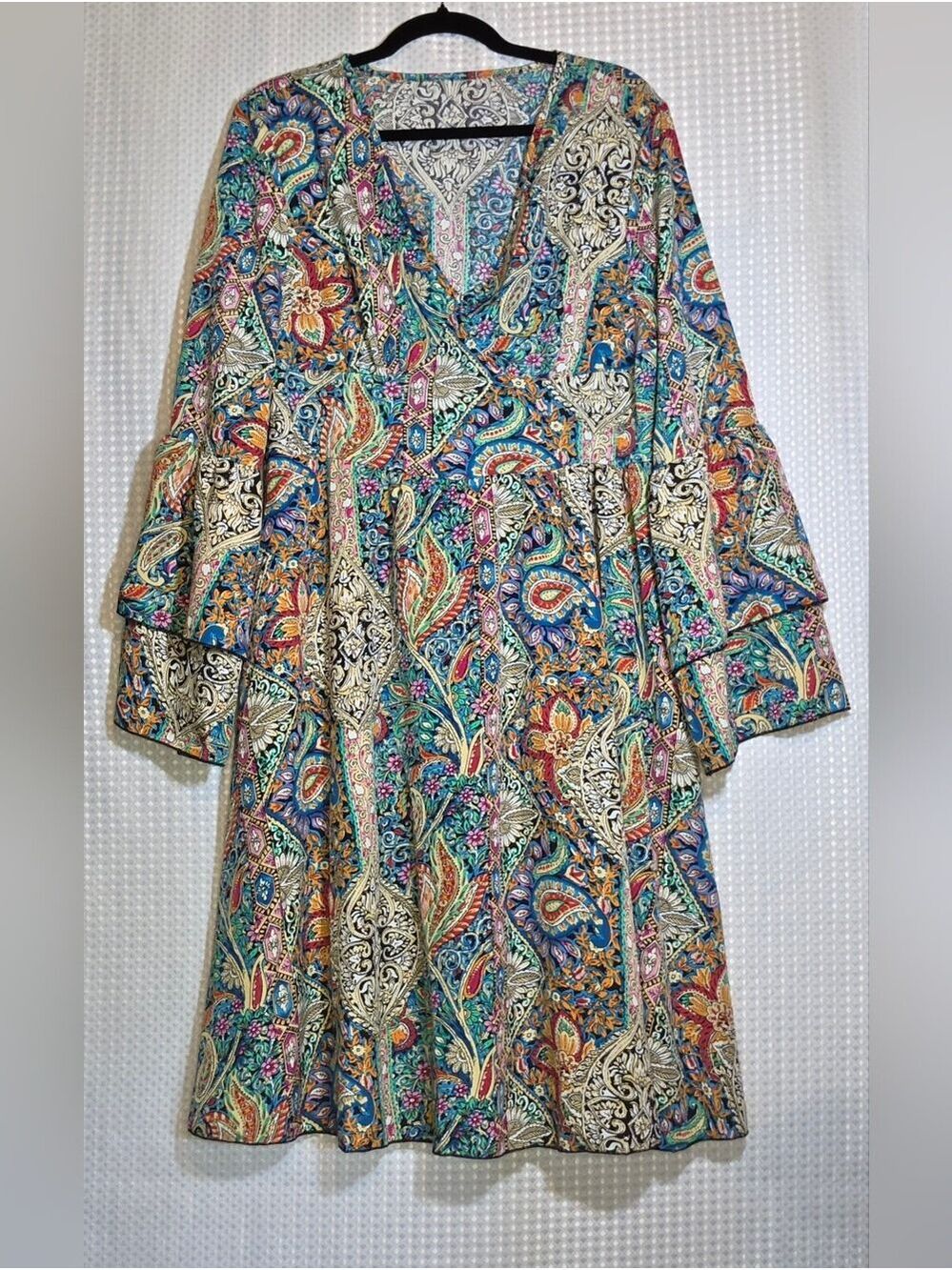 Colorful Paisley Boho Dress Large Boutique Resort Mediterranean Vacation Style - Picture 7 of 14